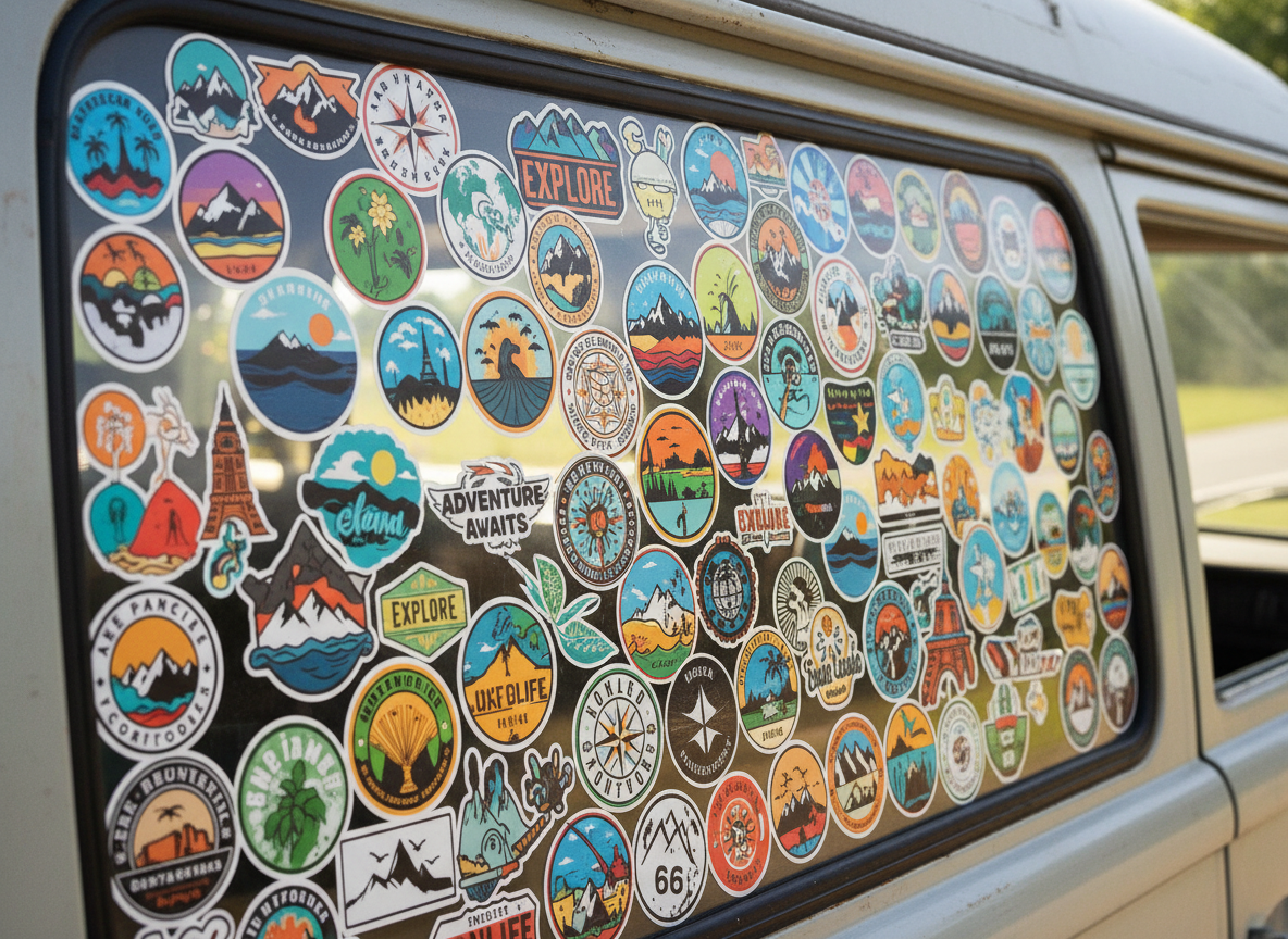 Close up of a campervan window covered in colorful travel stickers and decals, vibrant collection, daylight